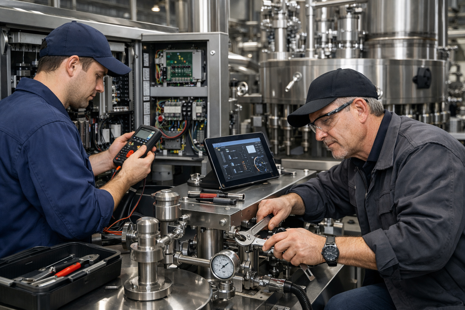 Technician maintaining production machinery